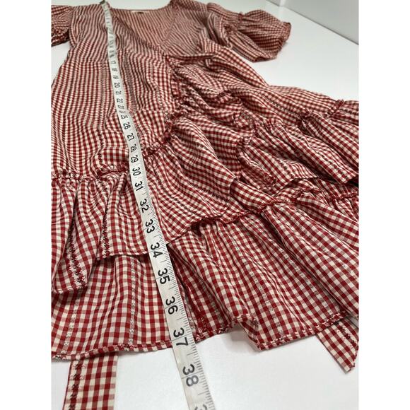Max Studio Gingham Check Ruffle V Neck Knee Length Wrap Dress Red Women's Medium - Picture 10 of 10